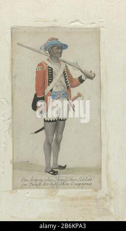 Un soldat noir au service de l'East India Company Ein Seapoy, oder Ostindischer Soldat im Dienst der Englischen Company (titre objet) un poy, un soldat noir dans l'uniforme de l'East India Company (short blanc garni d'une bordure à damier noir et blanc, chemise blanche, cravate bleue pour le milieu, rouge avec tunique noire et jaune, béret bleu avec décorations rouges et blanches et chaussures noires) portant un fusil sur son épaule gauche. Sous la ceinture bleue autour de sa taille se trouve la baïonnette du fusil. Sur son haut corps, nous voyons deux sangles transversales, le bandolier un accroché sur son bac Banque D'Images
