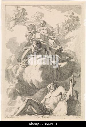 Unité a une allégorie chainée par la colère sur unité la Concorde (titre objet) biblique, mythologique et allégorique (titre de série) dans les nuages unité, avec la cornucopie et avec un tas de flèches dans sa main. Autour de son putti. Elle a chainé la colère de la personnification. Au premier plan, la personnification de la rivière Ij. L'imprimé est à un plafond de peinture de Gérard de Lairesse et fait partie d'une série avec des voorstellingen bibliques, mythologiques et allégoriques. Fabricant : Print Maker: Johannes Glauber (indiqué sur l'objet) à un dessin de: Gerard de Lairesse (indiqué sur l'objet) à la peinture Banque D'Images