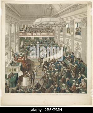 Première Réunion nationale à la Haye, 1796 Représentation Exacte de l'Assemblée nationale à la Haye (objet titre) session de la première Réunion nationale à la Haye du 1er mars 1796 au 31 août 1797. Face à la salle de réunion (ancienne salle de bal du Palais impérial du gouverneur) avec les membres, tous avec un représentant en ruban. Le Président gauche, Peter Paul, un orateur avant gauche à la conférence. En arrière-plan toute la tribune publique. Fabricant : printmaker George Kockers (bâtiment classé) dans son dessin: George Kockers (propriété cotée) Lieu de fabrication: Middelburg Dating: 1797 FEA physique Banque D'Images