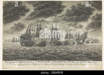 Fin de la bataille de Camperdown, 11 octobre 1797 Eynde de la bataille entre les Britanniques et les Volooten Bataviens le XI octobre 1797 (titre objet) la bataille de Camperdown le 11 octobre, 1797 entre la flotte Batavière commandée par le vice-amiral Jan Willem de Winter et une flotte britannique sous l'amiral Adam Duncan. Fin de la bataille avec la tour de la liberté de charge entre les navires anglais, brûlant Hercules et parti fuyant les navires de Bataatse. Sous lourd: Ciel nuageux. Dans la légende A-H navires Batavian. Voir poignée de commande. Fabricant : artiste: Frans Anton Spijck (propriété cotée) Lieu de fabrication: Nethe Banque D'Images