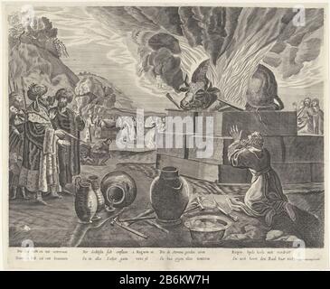 Le prophète Élie s'agenouille devant l'autel qu'il coussa avec l'eau et appelle son Dieu à quitter les feux sacrificiels. La gauche regarde le roi Achab. En arrière-plan sont les prêtres de Baal à leur autel Où: Vain ils appellent Baal à brûler leur sacrifice. En bas de la marge un quatre versets à deux lignes en néerlandais et au milieu de la référence à la Bible dans 1 Rois. 18: 36. Fabricant : Print Maker: Anonyme pour imprimer par: Pieter Nolpeuitgever: Rombout van den Hoeye (indiqué sur l'objet) Lieu de fabrication: Amsterdam Date: 1637 - 1671 Caractéristiques physiques: Matière de prise: Papier technique: ENG Banque D'Images