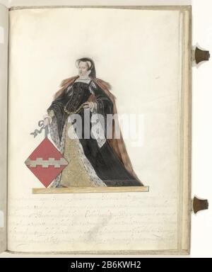 Elisabeth van Buren, Dame de Culemborg Elisabeth van Buren, dame de Culemborg. Épouse de Gerrit II Seigneur de Culemborg. Debout aux pieds avec les bras de Buren. Partie d'un manuscrit illustré avec la généalogie des seigneurs et des chefs d'accusation de Culemborg. Fabricant : artiste: Nicolaes Kemp (attribué à) auteur: Fabrication de place anonyme: Northern Netherlands Dating: CA. 1590 - env. 1593 et / ou 1600 - c . 1625 Caractéristiques physiques: Stylo ou pinceau dans des couleurs sur parchemin, gouache matériau: Encre parchemin aquarelle peinture or gouache (aquarelle) technique: Peinture / écrire dimensions: H 398 mm × Banque D'Images