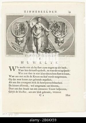 Embleem met allégorie op het huwelijk Getrouwde-staat (objet titel op) logo représenté avec allégorie du mariage comme une femme enchaînée avec couronne et sceptre. Deux médaillons montrant des scènes d'une cérémonie de mariage et la naissance d'un enfant. Aux pieds de la femme qui menait des outils agricoles tels que la charrue et la pelle et un agitateur. Parmi le spectacle et sur le verso est un gedicht. Fabricant : printmaker: François Bleys Wyck (bâtiment classé) dans son projet: François Bleys Wyck (propriété cotée) Lieu de fabrication: Leiden Date: 1681-1737 et / ou 1737 Caractéristiques physiques: Matériel de gravure: Papier: Banque D'Images