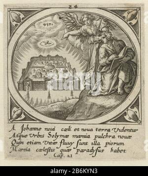 Engel toont Johannes het nieuwe Jeruzalem Openbaring van Johannes op Patmos (servietitel) Icones Revelationum S Johs Evangeliste in Pathmo (servietitel) un ange montre à Jean la nouvelle Jérusalem (céleste). John écrit dans un livre. Au-dessus de la ville, le Saint-Esprit (la colombe) et Tetragrammaton. En marge d'une signature à quatre lignes en latin. Vingt-quatre imprimés d'une série de vingt-quatre avec la Révélation de Jean à Patmos. Fabricant : printmaker: Adriaen Collaert (attribué à) design par: Jan Snellinck (i) (attribué à) Éditeur: Gerard de JodePlaats fabrication: Anvers Date: 1585 Caractéristiques physiques Banque D'Images