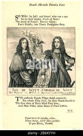 Engels blad over de dood van de gebroeders de Witt Fiche anglaise représentant et versets sur Johan et Cornelis de Witt. La performance montre les frères debout devant un autel où un phoenix s'élève des flammes. Ce engraa est des légendes néerlandaises et porte l'adresse James Ruby. Au-dessus et au-dessous de l'état de performance a signé un verset anglais de huit lignes avec les initiales H.C. et un latin vers. Fabricant : printmaker: Éditeur anonyme: James Ruby (propriété cotée) écrivain: Monogrammist HC (écrivain) Lieu de fabrication: Printmaker: Northern Netherlands Writer: England Date: 1672 physique feat Banque D'Images