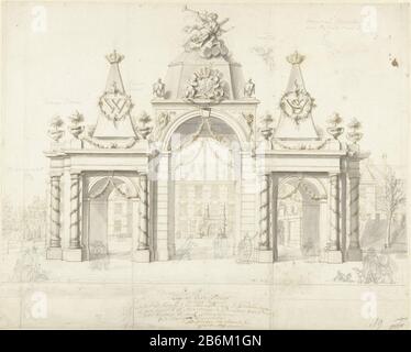 Erepoort op het Buitenhof voor de intrede van Willem V en Wilhelmina van Pruisen, 1767 vue de l'arche triomphale érigée sur le Buitenhof pour l'entrée du gouverneur nouvellement marié William V et de sa femme princesse Wilhelmina de Prusse le 9 novembre 1767. Fabricant : artiste: Dirk van der AaPlaats fabrication: Pays-Bas Date: 1768 Caractéristiques physiques: Crayon, stylo et marron et pinceau en gris: Papier Dimensions: H 352 mm × W 439 mm Objet: Noms de villes et de villages (avec NOM) noms ou bâtiments historiques, sites, rues, etc. (Avec NOM) tru Banque D'Images