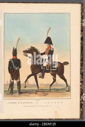 Erewacht te Arnhem, 1811 No 10 Garde d'honneur Arnhem (objet titel op) Deux membres de la cavalerie de la Garde d'honneur à Arnhem. Une partie de la tôle avec douze plaques des différents uniformes des gardes d'honneur dans les sept ministères néerlandais, mis en place pour la visite de Napoléon Bonaparte aux Pays-Bas en 1811. Fabricant : printmaker: Supervision anonyme Evert Maaskamp (bâtiment classé) éditeur Evert Maaskamp ( indiqué sur l'objet) Lieu de fabrication: Print maker: The Netherlands supervision: Amsterdam Éditeur: Amsterdam Date: 1811 Caractéristiques physiques: Stippelets et etch Banque D'Images