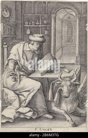 Évangéliste Lucas Vier évangéliste (serietitel) L'évangéliste Luc dans son étude. Sous le bureau se trouve son OS ailes d'attribut. Fabricant : printmaker: Crispijn de Passe (I) (bâtiment classé), conçu par Lucas van Leyden (propriété cotée) Lieu de fabrication: Pays-Bas Du Nord Date: 1574 - 1637 Caractéristiques physiques: Matière de prise: Technique du papier: Engrala (impression) mesures: Feuille: H 200 mm × W 134 mm Objet: Saint Luc écrivant son évangile, habituellement un oxy (ailé) présent Banque D'Images
