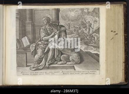 Evangelist Marcus S Marcvs (objet op de titre) Van de Vier Evangelisten (servietitel) Vier Evangelisten (servietitel) Den Grooten Figer-Bibel (servietitel) le évangéliste Mark écrit son évangile. En plus, le lion ailé. En arrière-plan le Christ ressuscité sur le globe, à l'ouverture de l'enfer (le maw béant de l'échantillon). Plus loin à gauche la vision du prophète Ézéchiel dans la vallée des os secs. Le prophète regarde vers Dieu le Père. Sous le texte de performance en latin. Cette impression fait partie d'un album. Fabricant : printmaker John Wierix (propriété cotée) à concevoir: Maerte Banque D'Images