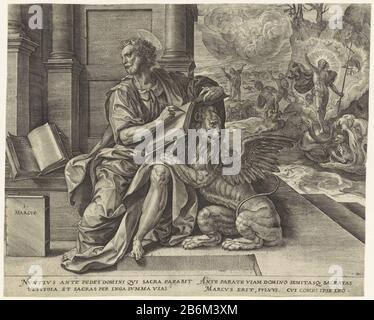 Evangelist Marcus S Marcvs (objet de titel op) Vier Evangelisten (serietitel) la marque évangéliste a écrit son évangile. En plus, le lion ailé. En arrière-plan le Christ ressuscité sur le globe, à l'ouverture de l'enfer (le maw béant de l'échantillon). Plus loin à gauche la vision du prophète Ézéchiel dans la vallée des os secs. Le prophète regarde vers Dieu le Père. Dans la marge d'une signature à quatre lignes, dans deux colonnes, dans le Latijn. Fabricant : print maker: John Who: Rix (indiqué sur l'objet) à un dessin de: Maerten le Vosuitgever: Peeter BaltensPlaats fabrication: Antwerpe Banque D'Images