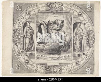 Evangelist Marcus S Marcvs (objet titel op) de vier Evangelisten (servietitel) La marque évangéliste, sur un nuage, avec son attribut le lion à côté de lui. Il se penche sur le livre de l'Évangile. Le spectacle est tenu dans un cadre ornemental flanqué d'un prophète dans un nei. Fabricant : printmaker John Who: Rix (rejet de l'attribution) printmaker Hans Collaert (I) (possible) pour concevoir: Ambrosius Francken (I) (attribué) éditeur: Gerard de JodePlaats fabrication: Antwerpen Date: 1585 Caractéristiques physiques: Engraa, imprimé à partir de deux feuilles de matériaux: Papier technique: A (engraissement) mesures: PLA Banque D'Images