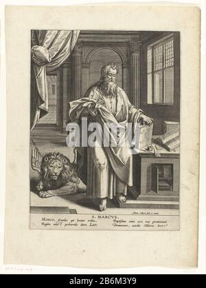 Evangelist Marcus S Marcvs (objet de titel op) Vier Evangelisten (servietitel) la marque évangéliste se tenant à côté d'une table où: Sur les livres et les documents d'écriture. Derrière lui se trouve un lion ailé comme symbole. Par une porte est un couloir visible. L'impression comporte une légende latine. L'imprimé fait partie d'une série de quatre parties sur les quatre évangélistes. Fabricant : printmaker: Adriaen Collaert (bâtiment classé) éditeur: Adriaen Collaert (bâtiment classé) auteur: Cornelis Kilian (propriété cotée) Lieu de fabrication: Anvers Date: 1570 - 1618 Caractéristiques physiques: Matériel automobile: Technique papier: Engrara (printin Banque D'Images