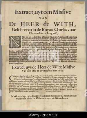 Extrait, uyt een Missive van de Heer de With, geschreven de Royael Charles voor Chatham (objet titel op) papier imprimé À Une face, avec deux extraits de deux lettres behelzende la victoire bulletin Cornelis de Witt, écrit à bord du navire-phare britannique Royal Charles capturé pendant le voyage à Chatham, juin 1667. sur drager. Fabricant : écrivain: Cornelis de Witt Editeur: John RammazeynPlaats fabrication: La Haye Date: 22-jun 1667 matériau: Technique du papier: Dimensions de la presse: 37 cm h. (Avec support) b × 28,1 cm. (Avec véhicule) h × 56,5 cm. B × 56,2 cm. Objet: Voyage À Chatham Wh Banque D'Images