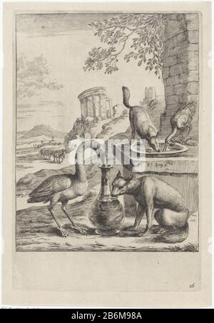 Fabel van de vos en de kraanvogel Fabels van Aesopus (serietitel) renard a invité la grue pour un repas. Il sert de la soupe dans un plat, mais c'est la grue n'est pas possible pour la soupe de cette façon de manger. Ensuite, la grue invite le renard et la nourriture de ser dans un pichet haut et étroit. Le renard ne peut pas manger ici. Dans l'arrière-plan ânes et les ruines d'un temple rond. Illustration d'un Aesopus fable. Fabricant : printmaker Dirk Stoop (bâtiment classé) Editeur: John OgilbyPlaats fabrication: London Date: 1665 Caractéristiques physiques: Gravure: Technique du papier: Gravure Dimensions: Bord de la plaque: H 258 mm × W 17 Banque D'Images