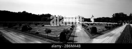 Jardin formel en face d'un château, Château de Chenonceaux, Vallée de la Loire, France Banque D'Images