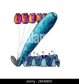 Lettre Z sous forme de cactus en bleu, lettre verte ECO anglaise Illustration sur fond blanc Banque D'Images