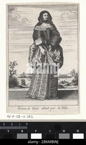 Femme de Paris avec la Ville (objet op de titre) Vrouwen dans klederdracht (servietitel) Livre Curieux (servietitel) Vrouw in klederdracht uit Parijs. Fabricant : naar prent van: Venceslaus Holar (mogelijk)prentmaker: Anoniemuitgever: Balthazar Moncornetats fabrication: Parijs Dating: 1662 Physical kenmerken: ETS Material: Papier Techniek: Etsen Dimensions: Plaatrand: H 140 mm × b 94 mmToelichtingde prent maakt deel uit van de 28-délige série (hors titelprent) met voorstellingen van vrouwen en verschillende klederdrachten, getiteleld Livre curieux contentant la naïfue représentations des Banque D'Images