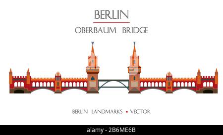 Vecteur coloré Oberbaum Pont vue avant, célèbre monument de Berlin, Allemagne. Illustration plate vectorielle isolée sur fond blanc. Berlin voyage c Illustration de Vecteur