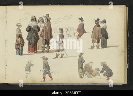 Figuren in zeventiende-euwse kleding Figures in XVIIe siècle vêtements type d'objet: Croquis fiche Numéro d'article: RP-T-1945-28-15 Inscriptions / marques: Date, manuscrit: 'ept 52'annotie manuscrit (couleur et matériel: Notes.) Description: Caractères, y compris les coleurs, dans les vêtements du XVIIe siècle. Bon homme à cheval. Lame 15 d'un croquis avec 91 bladen. Fabricant : artiste: Cornelis Springer Lieu de fabrication: Pays-Bas Date: Sep 1852 Caractéristiques physiques: Crayon et brosse en papier couleur crayon aquarelle Sujet: Adulte mana Cult femme enfant vêtements, coût Banque D'Images