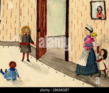 S'occuper des enfants vers 1885. Détail d'une aquarelle peinte en 1885 ou vers par un enfant victorien vivant en Angleterre. Banque D'Images