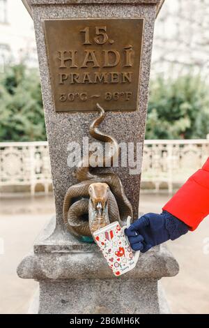 Le Printemps de Snake avec de l'eau minérale chaude dans la station balnéaire de Karlovy Vary (Karlsbad) - République tchèque Banque D'Images