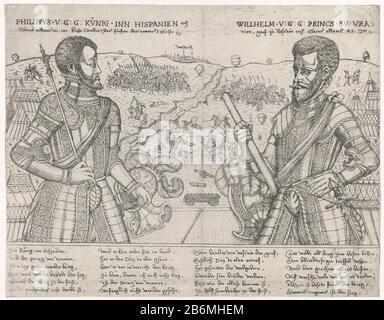 Fifips II, koning van Spanje, tegenover Willem I, prins van Oranje Philip II contre William I. Les Deux à mi-longueur en armure avec un fond d'armée orange pour traverser la Meuse, dans la distance Maastricht octobre 1568. Avec signature de quatre versets de 6 lignes à Duits. Fabricant : printmaker: Balthasar JenichenPlaats fabrication: Allemagne Date: 1568 Caractéristiques physiques: Matière de gravure: Technique du papier: Dimensions de gravure: Feuille: H 200 mm × W 256 mmToelichtingde titre mentionné ici se réfère au titre le plus élevé obtenu du sujet, pas nécessairement au titre que le dépeint dans ce vo Banque D'Images