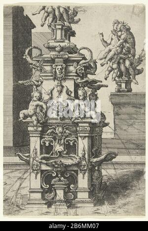 Fontein met Jupiter en Juno Fonteinen, Waterputten, schoorsteenmantels, kapitelen, vensters en retabels (servietitel) Quill la fontaine est décorée avec des bassins en forme de coquille et des enfants avec des poissons d'eau. À droite est montré le couronnement de la fontaine. Une des 20 feuilles d'une série (Architectura. Von Ausztheilung, Symmetrie und Proportion de fünff Seulen ...) composé de 193 pages et cinq pages de titre, divisé en cinq livres. Il s'agit d'une deuxième édition étendue de la série. Le fabricant a décrit Orn Cat I-319: Printmaker: Wendel Dietterlin (I) pour concevoir: Wendel Dietterlin (I) P Banque D'Images