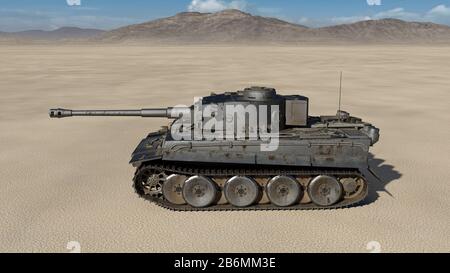 Vieux char militaire, véhicule militaire vintage blindé avec canon et tourelle dans un environnement désert, vue latérale, rendu tridimensionnel Banque D'Images