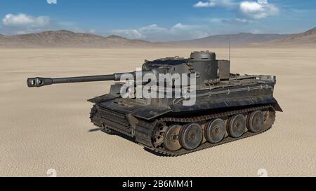 Vieux char militaire, véhicule militaire vintage blindé avec canon et tourelle dans un environnement désert, rendu tridimensionnel Banque D'Images