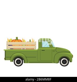 Chariot de ferme vert de dessin animé avec récolte . Illustration vectorielle Illustration de Vecteur