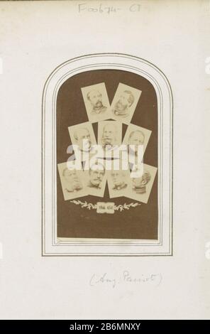 Fotocollage van 9 miniatuurportretten van Duitse vorsten, militaren politici it de periode 1830-1866, waaronder Otto von Bismarck partie de l'album photo avec 123 cartes-de-visite des membres des familles royales européennes, des politiciens et des personnalités célèbres. Fabricant : Photographe: Août Parisot Dating: CA. 1870 Caractéristiques physiques: Albumen matériel d'impression: Papier carton papier photographique technique: Albumine dimensions de pression: Photo: H 88 mm × b 54 mmkarton: H 102 mm × b 60 mm Objet: Dirigeant historique, souverainiste, par exemple chef de parti: Otto von Bismarck Banque D'Images