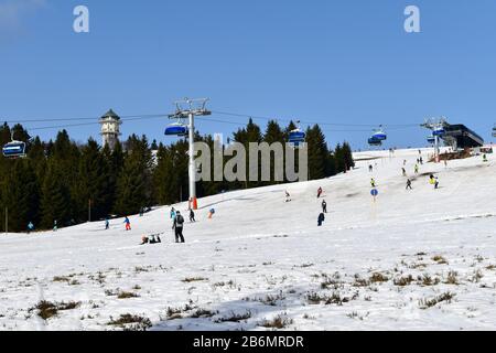 Feldberg, Allemagne - 25 janvier 2020: Pistes de ski et skieurs sur le Feldberg. Banque D'Images