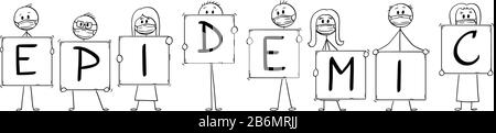 Dessin de dessin de dessin de dessin de dessin de dessin vectoriel de groupe de personnes portant des masques de visage et tenant des signes épidémiques. Concept d'infection et de coronavirus. Illustration de Vecteur