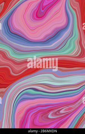 Illustration graphique de la texture dynamique liquide dans des tons pastel vifs. Fond en marbre tourbillonnant. Design de surface Moderne et numérique Banque D'Images