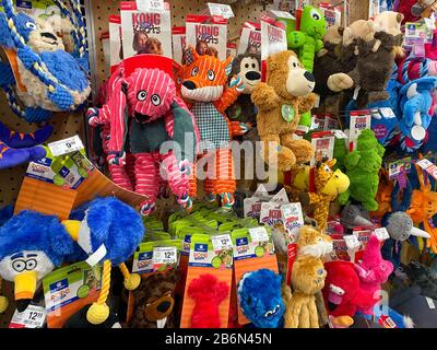 Orlando, FL/USA-1/29/20: Un affichage de jouets de chien colorés À Noeuds de Kong à vendre dans un Superstore Petsmart prêt pour les propriétaires d'animaux de compagnie à acheter pour leurs animaux de compagnie. Banque D'Images