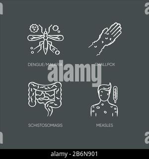 Maladies contagieuses craie icônes blanches sur fond noir. Paludisme, variole, schistosomiase et infections à la rougeole. Diverses maladies infectieuses Illustration de Vecteur