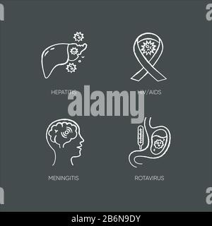 Maladies dangereuses craie icônes blanches définies sur fond noir. VIH, SIDA, méningite, rotavirus et virus de l'hépatite. Différentes maladies virales Illustration de Vecteur