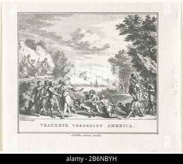 Frankrijk verdedigt Amerika Vrankryk verdedigt America (objet titel op) illustratie voor de wereldgeschiedenis (servietitel) France portant une armure décorée avec le lys français et le dessin sont lourds d s'opposer aux figures devant lui. Deux Français luttent contre lui sont précédés d'un chien et de deux rougeurs. Derrière le groupe de figures qui attaque la personnification de la France, Mercure par deux soldats gevangengehouden. Fabricant : printmaker Simon Fokke (bâtiment classé) dans son dessin: Simon Fokke (bâtiment classé) éditeur: Arend Fokke Simonsz. (Propriété répertoriée) Lieu de fabrication: Amster Banque D'Images