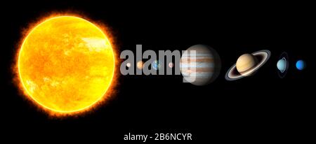 Planètes. Planète. Le système solaire sur un fond en étoile. Mercure, Vénus, Terre, Mars, Jupiter, Saturne, Neptune, Uranus. Banque D'Images