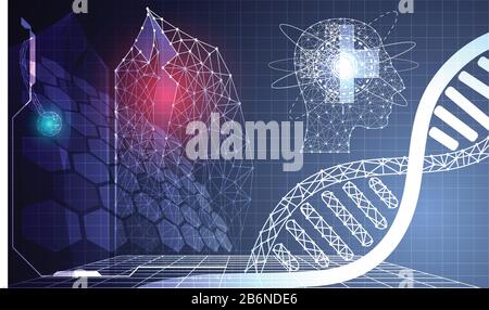 Résumé technologie science concept données médicales santé numérique : éléments de l'analyse médicale humain, médecin, ADN et futur hexagone innovation sur hi t Illustration de Vecteur
