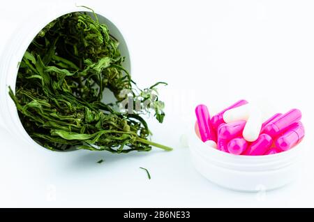 Une boîte médicale blanche de cannabis et une boîte blanche de pilules colorées. Concept de thérapie médicale de cannabis Banque D'Images