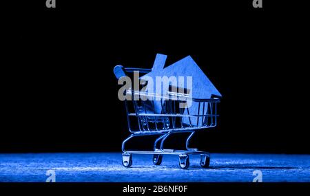 Maisons en bois dans un chariot De Supermarché. Le concept d'achat d'une maison ou d'un appartement. Filtre bleu Banque D'Images