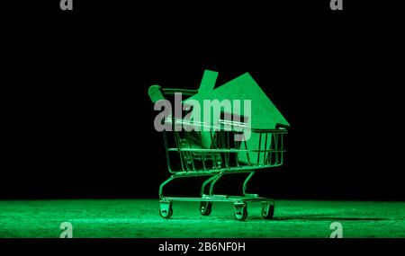 Maisons en bois dans un chariot De Supermarché. Le concept d'achat d'une maison ou d'un appartement. Filtre vert Banque D'Images