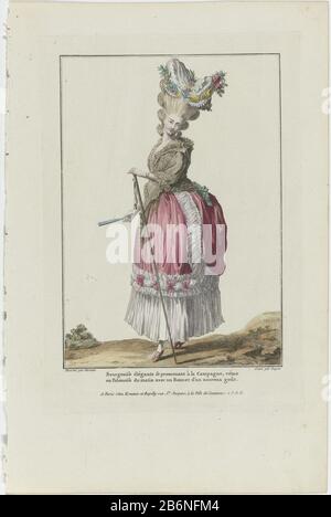 Une femme bourgeoise élégante, marchant dans la campagne. Elle porte une robe à la Polonaise 'pour le matin, où: Un Mantelet de taffeta avec capuche. A la coiffure peignée exagéré un 'Bonnet à l'Americaine' (selon la dernière saveur). Portée à droite, marche avec des rubans à gauche. Autres accessoires: Bracelets, bague, chatelaine et chaussures avec talons et rosettes. Imprimer la série de J. 9ème Cahier des English costumes, 3ème Suite d'Habillemens à la mode, Gallerie des modes et costumes English. Fabricant : printmaker: Dupin (propriété listée) au dessin: Claude Louis Desrais (listed b Banque D'Images