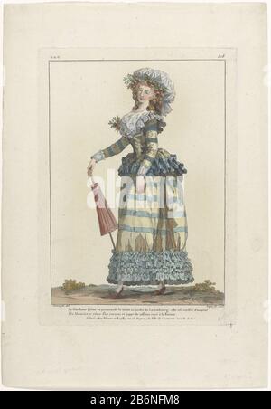 Femme dans une jupe taffeta rayée et Caraco 'à la Baroco', tous deux à l'ourlet décoré de volants. Autour du cou un fichu. Accessoires: Chapeau avec fleurs 'à la pouf Almaviva' fleur en relief, qui peut également être utilisé comme parapluie, chaussures avec talons et rosettes (?). Selon la légende générée Lisette fait une promenade matinale dans le jardin du Luxembourg. Imprimez à partir de la série eee. Costumes 49ème Cahier de English, 43 Suite d'Habillements à la mode et 1786, Galeries des modes et costumes English. Fabricant : printmaker: Nicolas Dupin (propriété cotée) au dessin: François Louis J. Banque D'Images