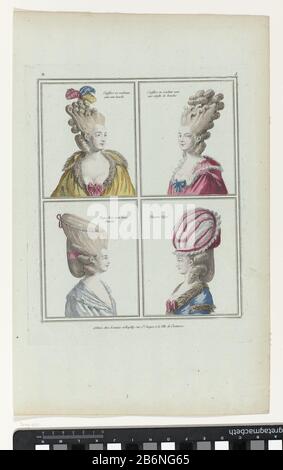 Gallerie des modes et costumes Francais, deuis 1776, B 8 Coeffure en routeaux () Vier vrouwenkapsels, Banque D'Images