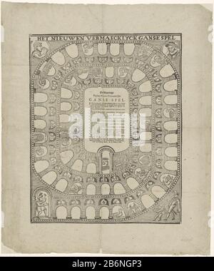 Ganzenbordspel, vers 1760-1790 Het Nieuwen Vermaecklyck Gansespel (objet titel op) jeu d'oies avec les carrés 1-63. Au milieu des règles. Une partie d'un groupe d'enfants et de jeux de société imprimés dans la période CA. 1750-1850. Fabricant : printmaker: Éditeur anonyme Adam Meyer (propriété cotée) Lieu de fabrication: Printmaker: Pays Éditeur: Amsterdam Date: 1756 - 1791 Caractéristiques physiques: Bois avec du matériel d'impression de texte: Technique du papier: Bois / formats d'impression: Feuille: H 595 mm × W 500 mm Objet: Goose-game Banque D'Images