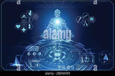 Résumé de l'interface utilisateur de la technologie d'hologramme interface hud concept futuriste des éléments de données graphique numérique, communication, informatique nomade, corps humain santé numérique ca Illustration de Vecteur