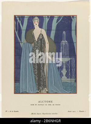 Gazette du bon ton, 1923 - No 1, Pl 2 Alcyone Robe et marteau du soir, de Worth (objet op titel) Femme dans l'arbre, portant une robe de soirée noire et un manteau de soirée en velours bleu, doublé de zilverlamé, En Valeur. Dans son diadem. En arrière-plan une fontaine. Plan 2 de la Gazette du bon ton, 1923, no 1. Comprendre les vêtements à la page l'exploration des planches contenu dans ce numéro. Fabricant : conçu par George Barbier Imprimer auteur: Anonyme maison de mode: Worth (bâtiment classé) éditeur Lucien Vogel Éditeur: Imprimerie Studium Lieu fabrication: Paris Date: 1923 Caractéristiques physiques: Photom Banque D'Images