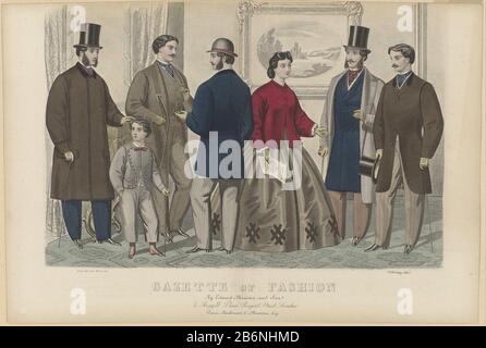 Gazette de la mode, février 1865 Cinq hommes, une femme et un garçon à l'intérieur. De gauche à droite : homme en surcouche sur le pantalon de secours. Accessoires : chapeau de tête, cravate avec attache, canne, chaussures avec talons. Garçon dans une veste courte avec rabats de poitrine (?) Sur pantalon assorti. Noeud papillon et canne. Homme en costume avec un manteau, un gilet et un pantalon assortis. Homme avec chapeau melon. Femme dans un manteau court sur la jupe (crinoline). Journal dans la main. Homme en surcouche et veste croisée en pantalon rayé. Homme en veste avec boutons pantalon rayé à une rangée. Chapeau de tête à portée de main. Imprimez le magazine de mode The gaz Banque D'Images